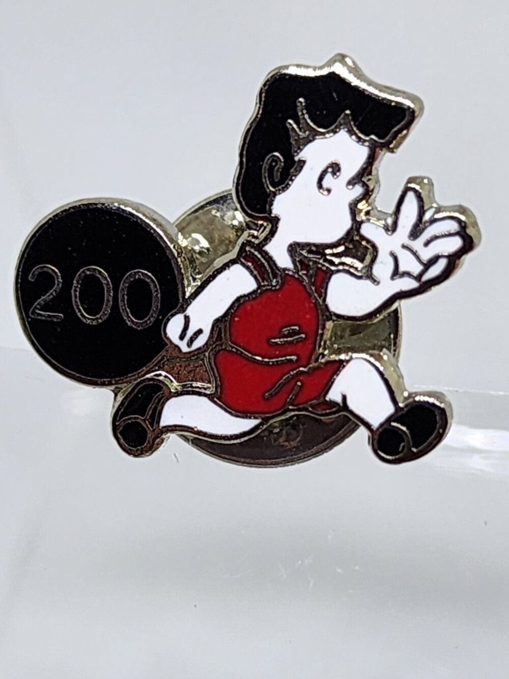 Vintage Woman Lucy Red Dress Bowling 200 Score Silver Lapel Pinback Hat Pin